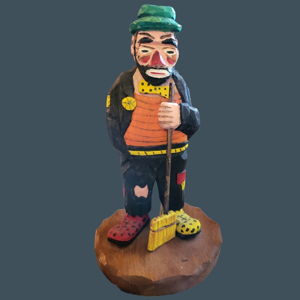 Vtg 10" Hand-Carved Wooden Sweeping Clown